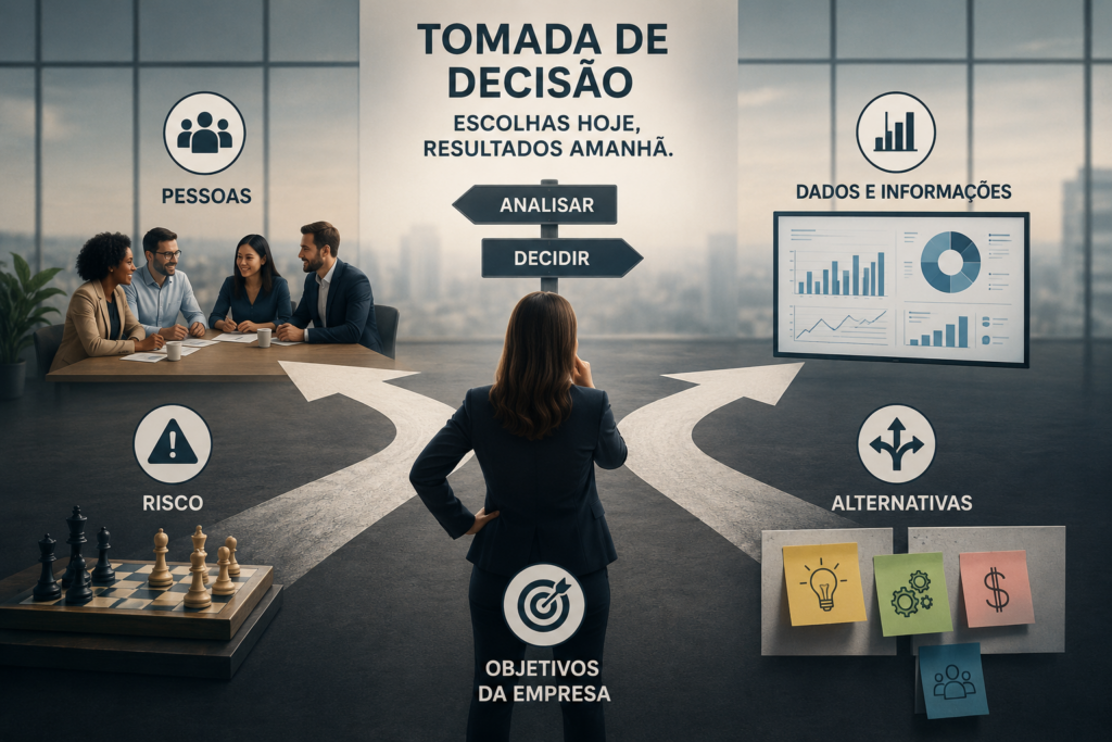 Pessoa refletindo diante de múltiplas escolhas, representando o processo de tomada de decisão